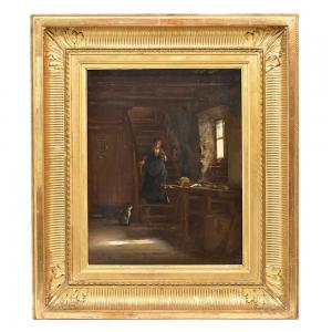 QUADROS ANTIGOS, INTERIOR COM MULHER E GATO, ÓLEO SOBRE TÁBUA, DO SÉCULO XIX. (QRIN274)